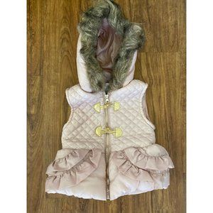 Little Lass Light Pink Puffer Vest Girls 2T Faux Fur Trimmed Hoodie Full Zip EUC
